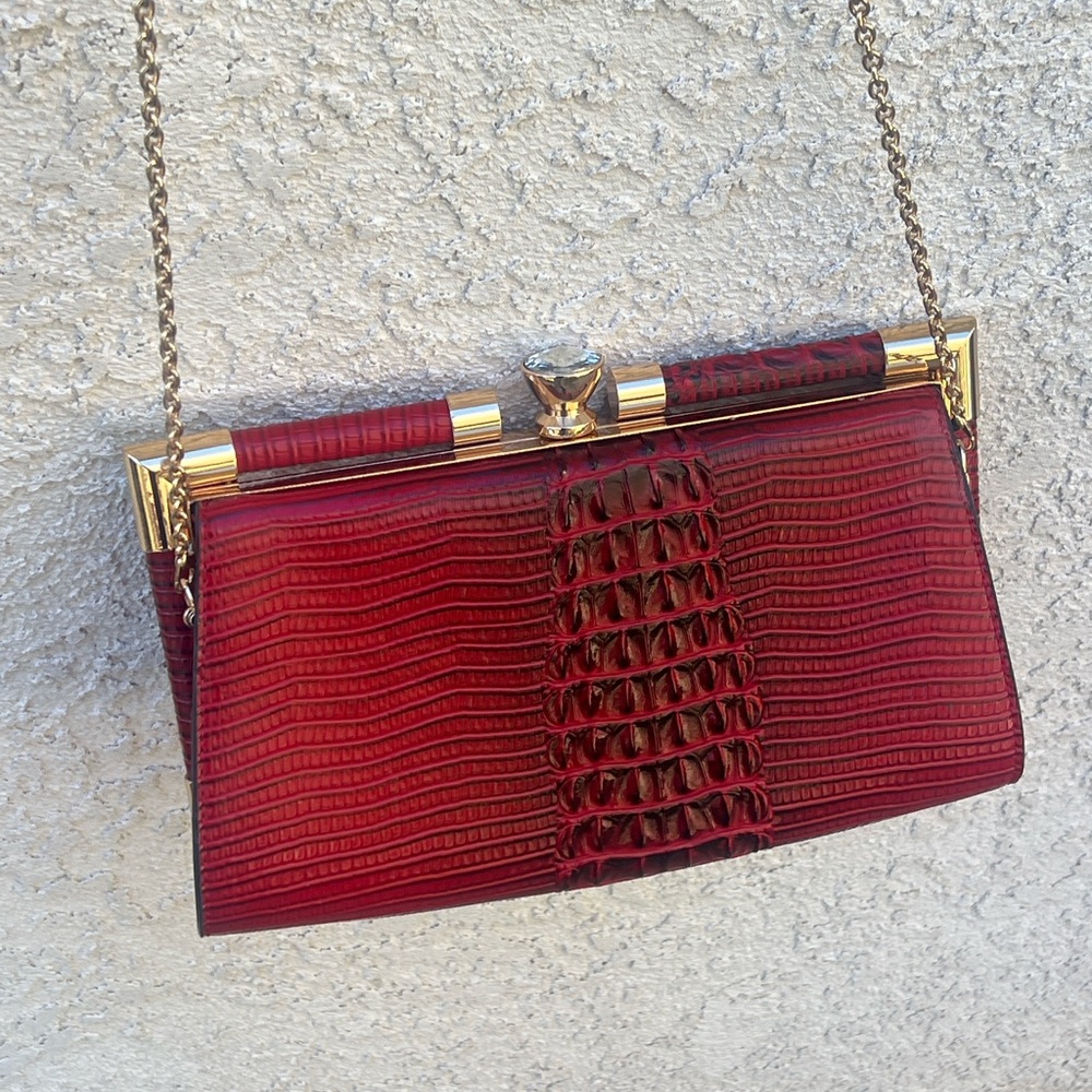 Faux crocodile skin maroon red purse with faux diamond on top
